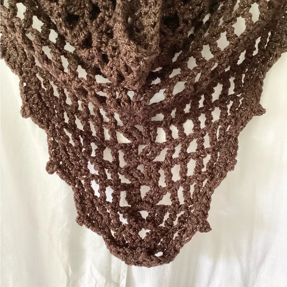 Scarf Triangle Cowl Shawl Hand Crafted Brown Gold Glitter Crochet Overlay
